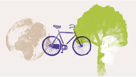 Themenbereich Klima: Illustration mit Erdkugel, Fahrrad, Baum und Kind