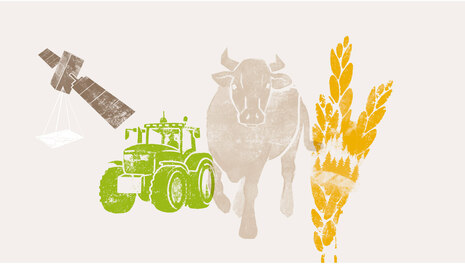 Themenbereich Landwirtschaft: Illustration mit Traktor, Kuh, Getreideähre und Satellit