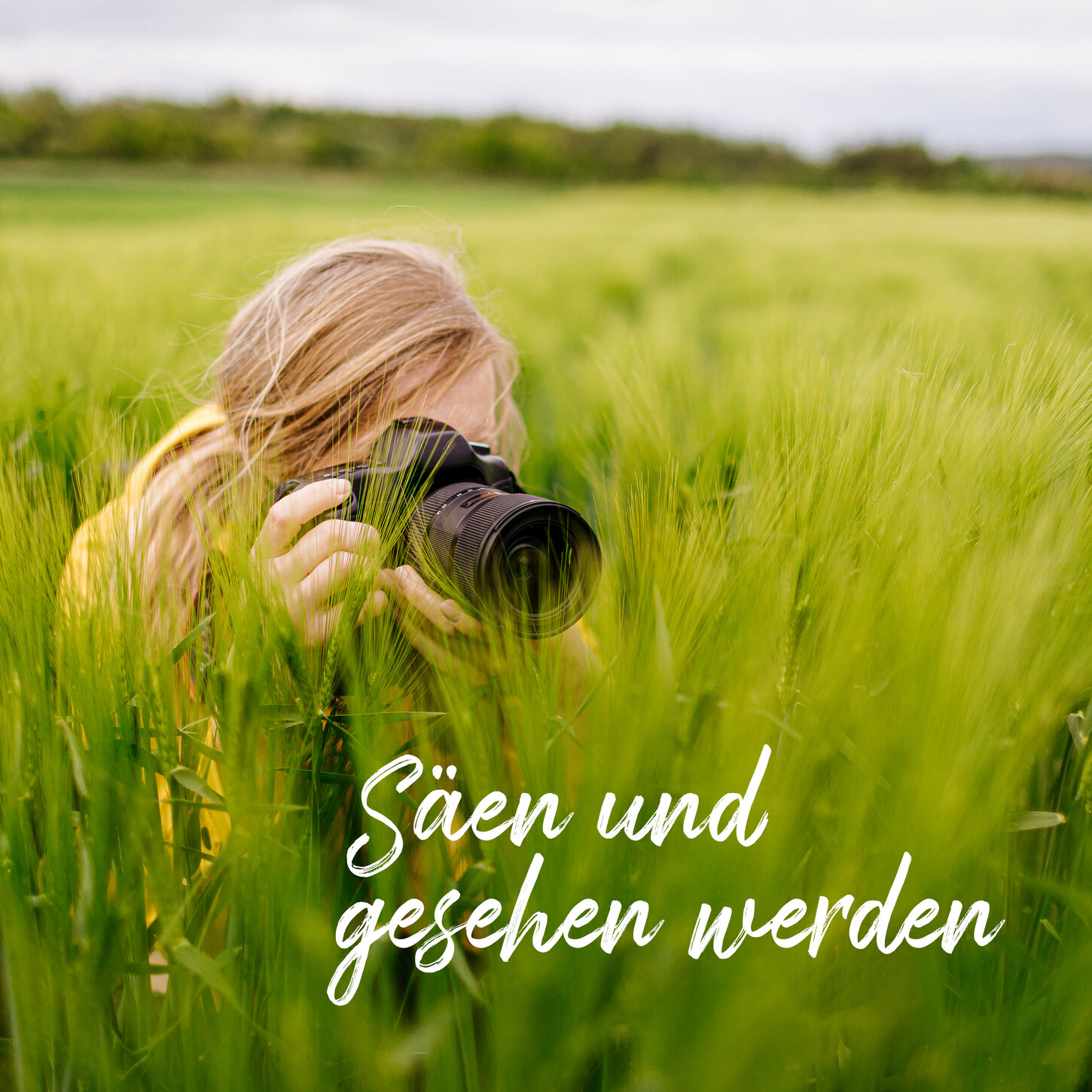 Fotowettbewerb »Mein grüner Traumberuf«: Foto einer Person, die mit einer Kamera inmitten von einem Getreidefeld sitzt, daneben der Schriftzug »Säen und gesehen werden«