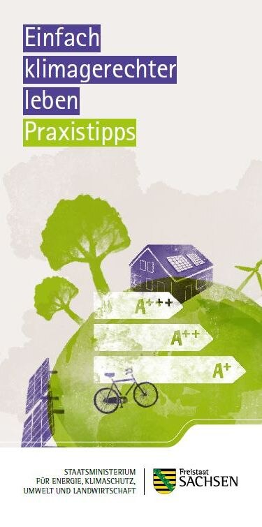 Broschüre »Einfach klimagerechter leben«: Titelseite mit Weltkugel, Bäumen, Fahrrad, Solarpanelen, Windrad und Energieklassen