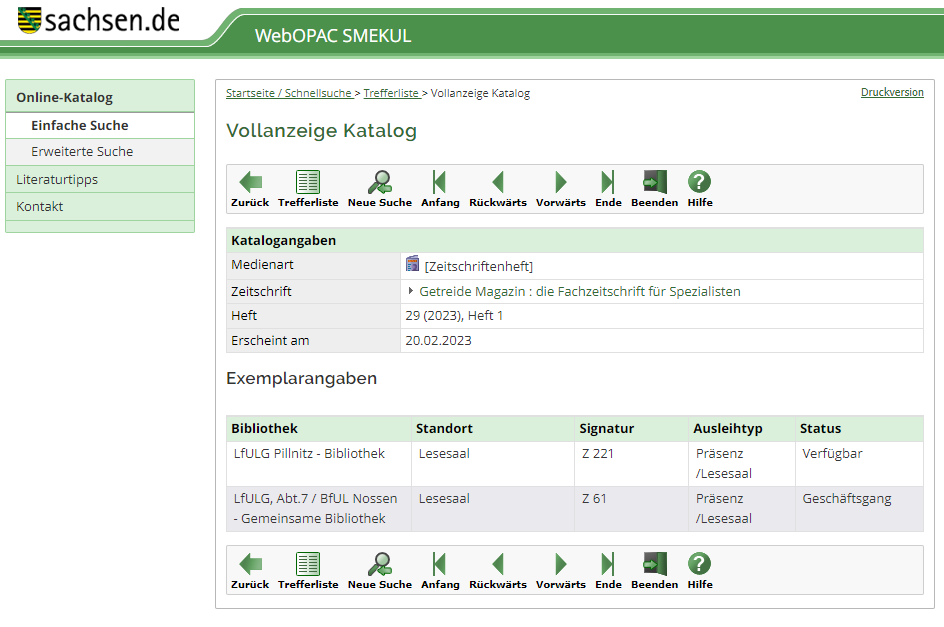 Bildschirmansicht Webopac für ein Medium an mehreren Standorten